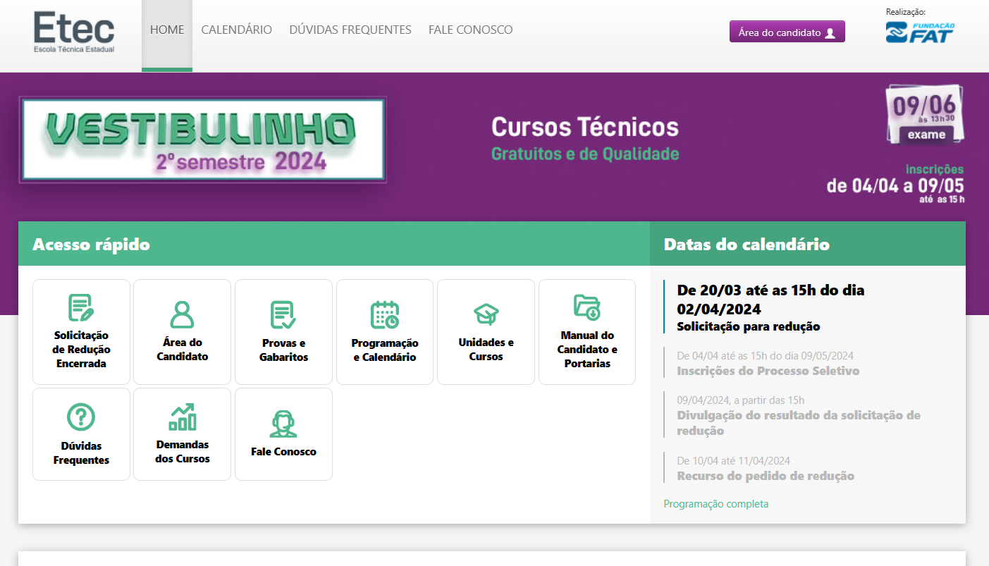 Site do vestibulinho para fazer as inscrições ETEC 2025