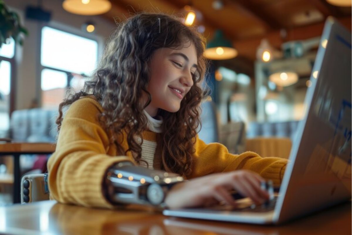 Uma menina acessando o site da FAETEC 2025 em seu notebook. Ela está sentada e sorrindo