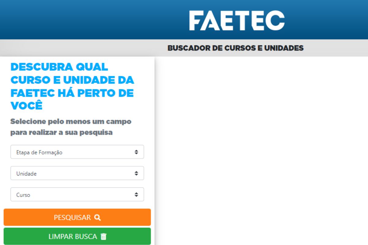 Página de busca de cursos da FAETEC 2025