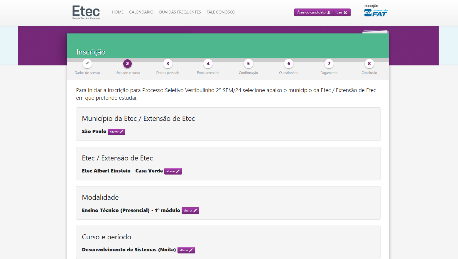 Opções de município, ETEC, modalidade, curso e período