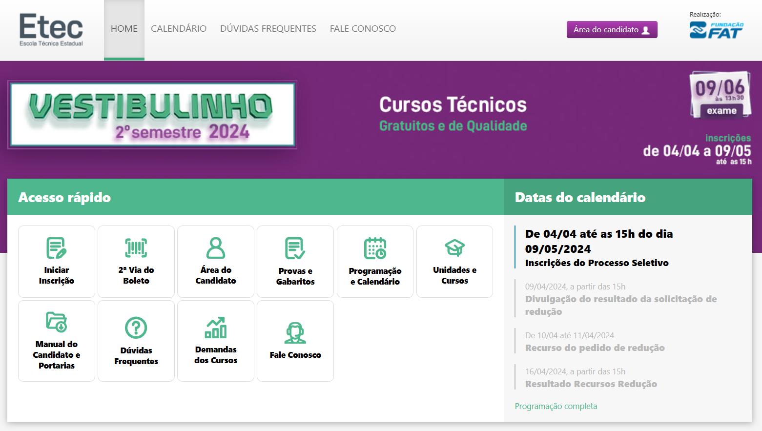 Inscrição para vestibulinho ETEC de Administração em 2025