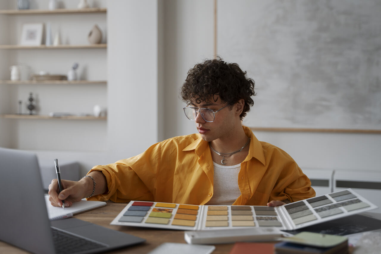 Designer de Interiores trabalha em um projeto em sua mesa 