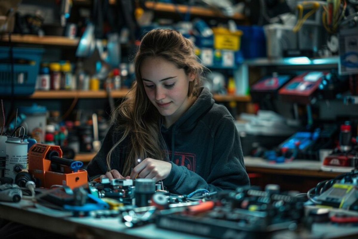 Uma estudante dentro do laboratório de TI trabalhando com algumas placas-mãe